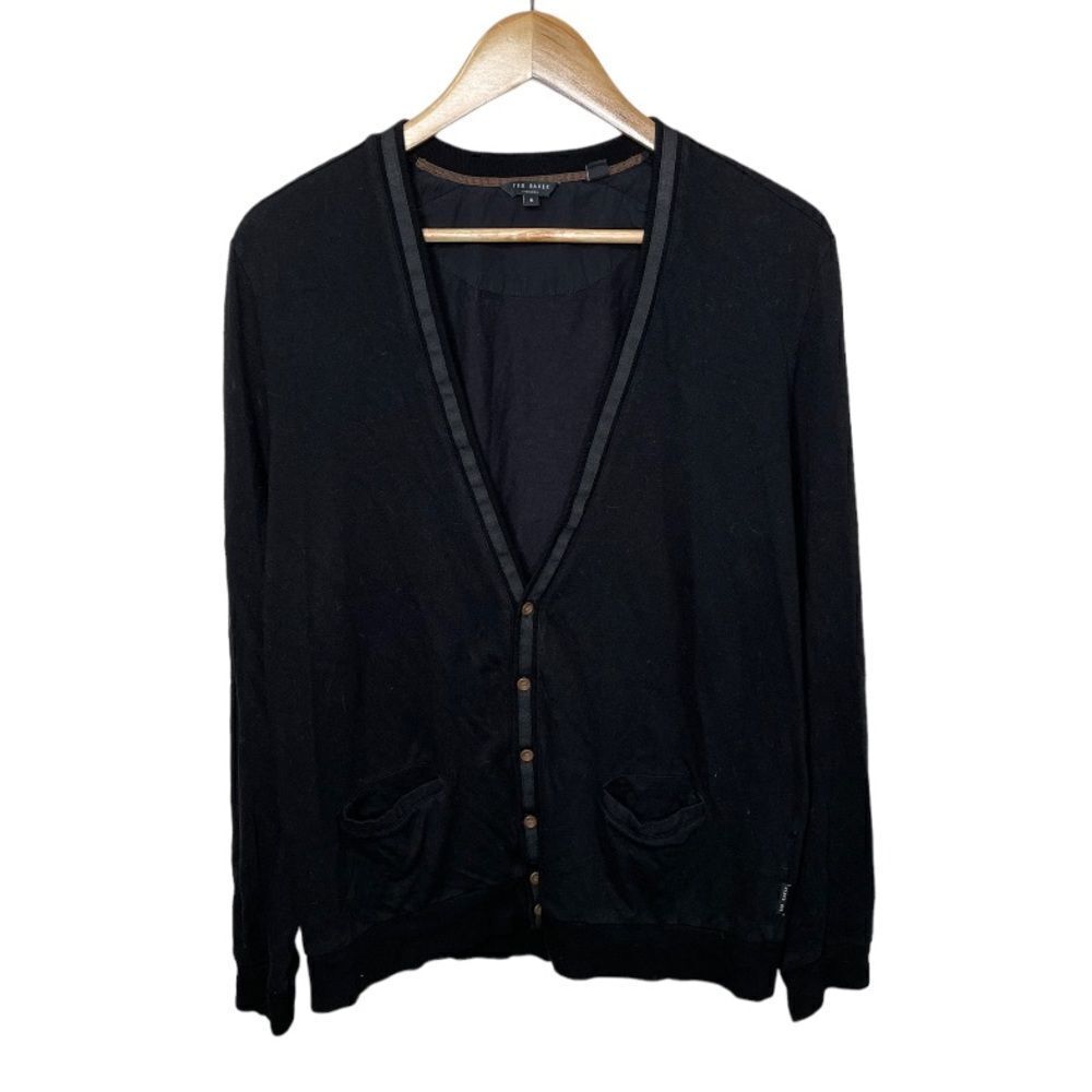 Ted Baker London Black Cotton V Neck Cardigan Sweater